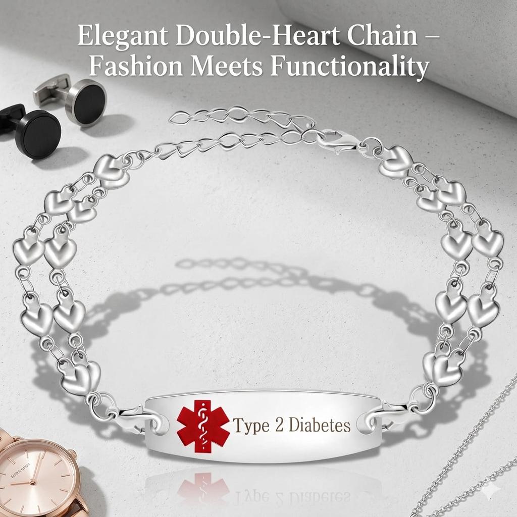 Uloveido Heart ID Bracelet for Women, Double Chain Wristband with Emergency Info Access, Elegant Safety Jewelry for Daily Wear