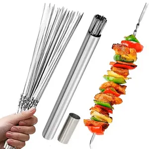 Viral Stainless Steel BBQ Skewers Set - 12pcs Flat Metal Kebab Sticks with Storage Tube