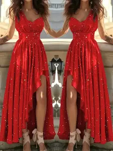Women's Sexy Elegant Red Polyester Formal Wear Gown - Girl's Style, Fabric-Focused Dress for Cocktail Parties, Gala Events - Bridesmaid, Graduation Occasions