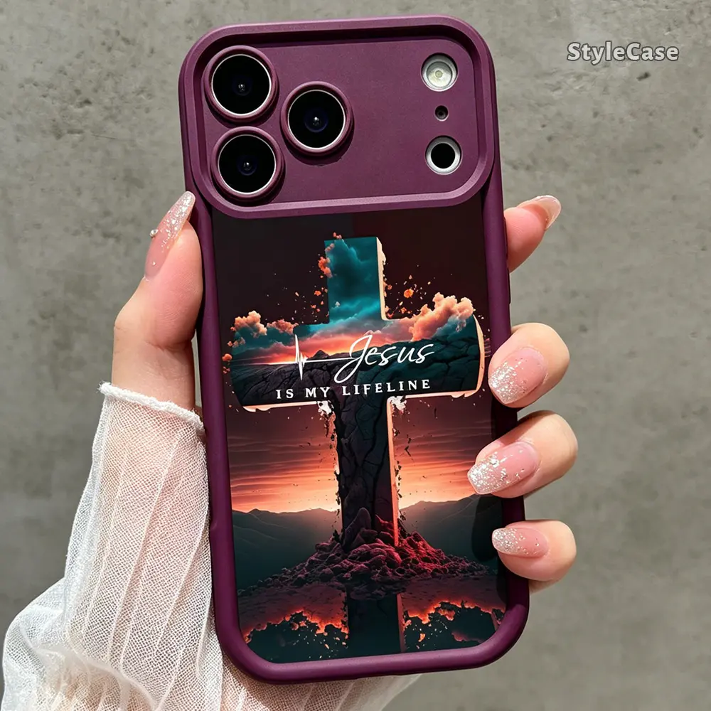 Jesus Is My Lifeline Cross Sunset phone case for iPhone 17 Air 16 Pro Max 15 Pro Max Plus 14 Pro Max Plus 13 12 11, Burgundy TPU Soft cover, Christian Faith Shockproof Drop-Resistant Camera Protection Gift Idea TYJT260627044