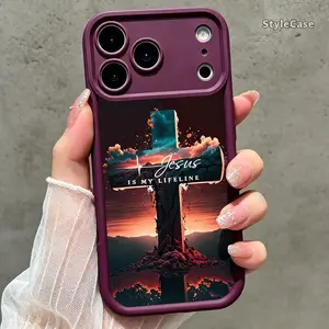 Jesus Is My Lifeline Cross Sunset phone case for iPhone 17 Air 16 Pro Max 15 Pro Max Plus 14 Pro Max Plus 13 12 11, Burgundy TPU Soft cover, Christian Faith Shockproof Drop-Resistant Camera Protection Gift Idea TYJT260627044