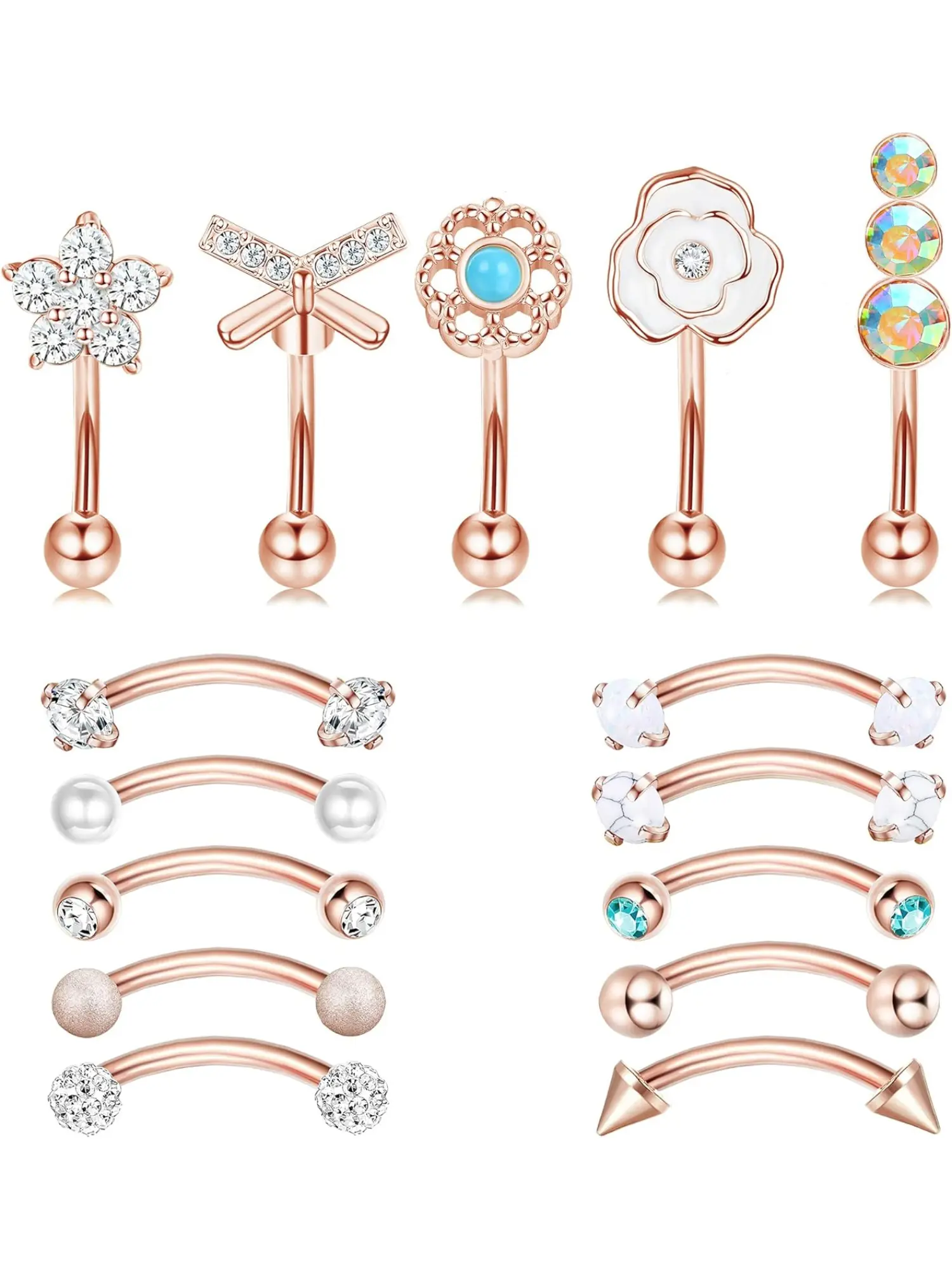 15 Pcs Rook Daith Piercing Jewellery 16G Surgical Steel Curved Barbell Eyebrow Bars Helix Tragus Snug Lip Belly Button Piercing Daith Rook Earrings for Women Men