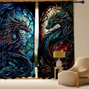 Colorful Dragon Pattern Curtains, Fantasy Design, Polyester Light Blocking Fabric, Easy Clean, Perfect for Game Room Decor