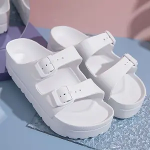 White Platform Double Buckle Slide Sandals for Women, 4cm Invisible Height Increase EVA Cushioned Waterproof Summer Shoes, Adjustable Strappy Beach Slides for Vacation, Pool, Casual Wear