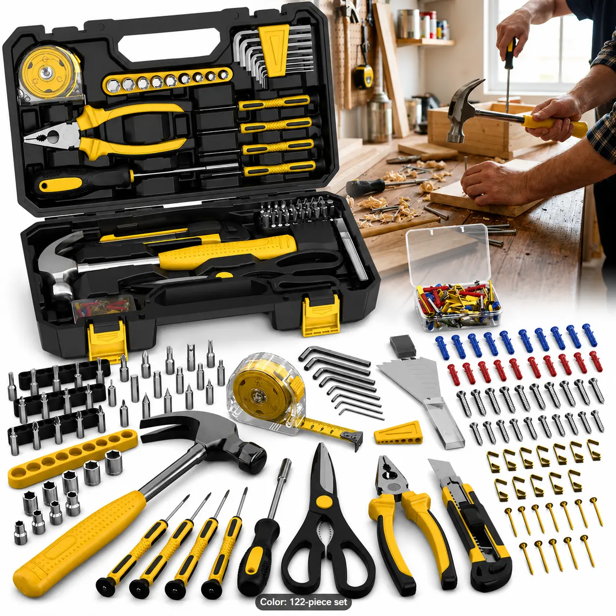 122pcs Multi-Functional Mechanic Tool Kit Including Utility Knife, Wire Strippers, Measuring Tape, Assorted Bits, Portable Storage Case, Best Christmas Gift for Men, Suitable for Household Fixes, Car Maintenance & Garage Handyman Work