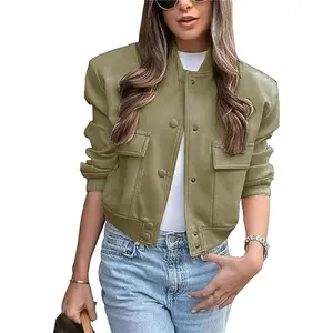 Womens Cropped Bomber Jacket Lightweight Classic Button Varsity Jacket Streetwear Womenswear Coats Style Tops