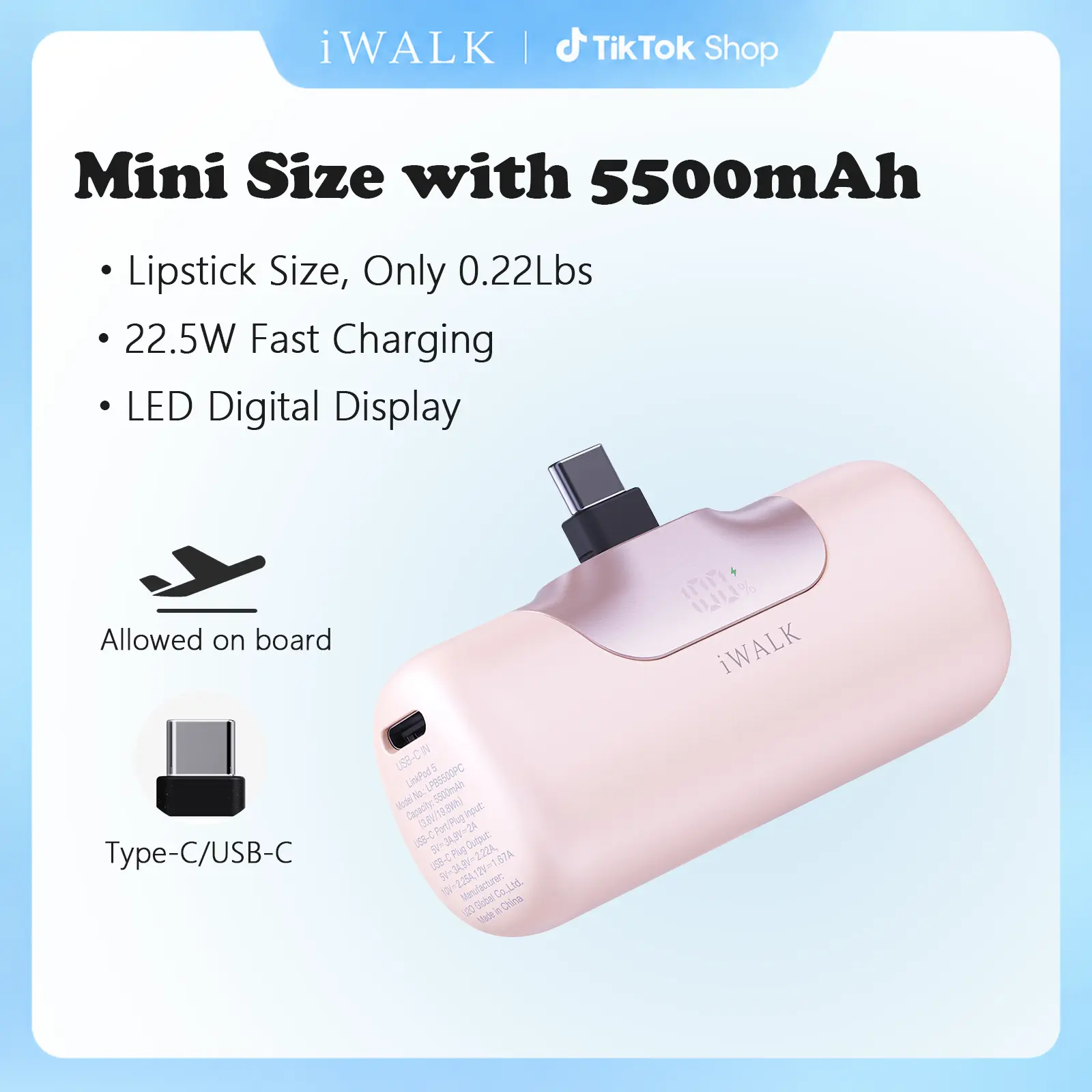 iWALK 5500mAh Mini Battery Power Bank - 22.5W Fast Charging, PD USB-C, Magnetic Plug, Digital Display, Built-in Cable, USB-C Input, EDC Gear for Everyday Carry, iPhone 17/16/15 Pro Max, Samsung S24/S23, Outdoor Use