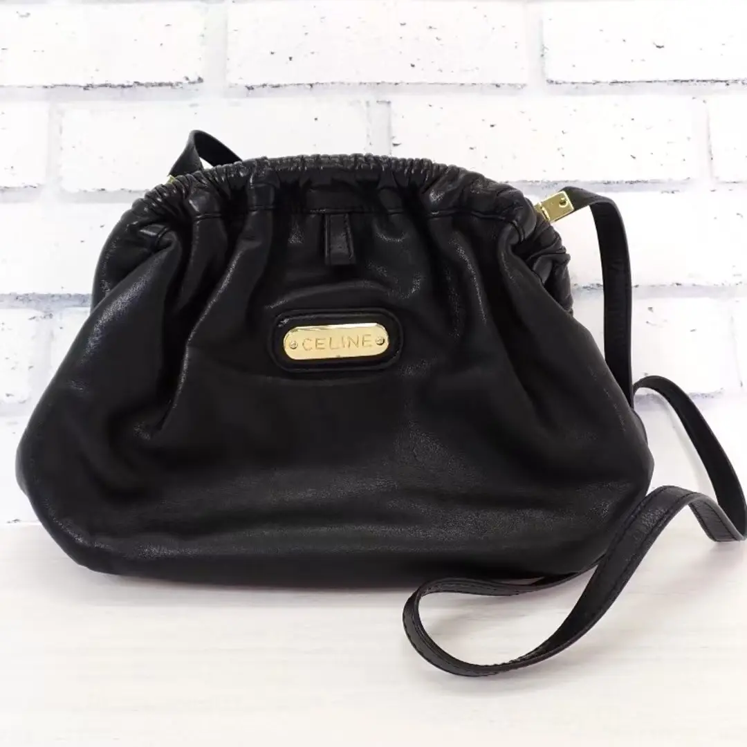 Pre-owned Celine Lambskin Shoulder Bags Vintage Black Leather Drawstring Shoulder Bag J8062309