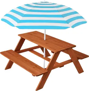 Products Kids Wooden Picnic Table, Outdoor Activity & Dining Table w/Adjustable Collapsible Umbrella, Built-in Seats - Golden Brown/Aqua
