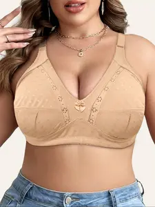 【Plus Size】 Plain Eyelet Embroidery Push Up Bra, Breathable Comfortable Soft Wireless Bra for Daily Wear, Women's Plus Size Lingerie for All Seasons,1 Pack/2 Pack/3 Pack.