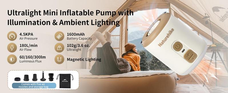 Naturehike Ultralight Mini Air Pump with Camping Light, Portable,  Type-C Rechargeable for Air Mattresses & Inflatable Toys FathersDayGift