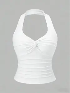 Women's Sleeveless Halter Top, Twist Knot Design, Waist Cinching, Ruched Slimming Fit Blouse, Plain Color, Casual Fashion, Womenswear