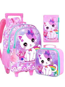 3PCS Kids Rolling Backpack, Girls Roller Wheels Bookbag, Wheeled Elementary School Bag with Lunch Bag - White Kitty