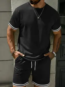 Men's Summer Casual Sporty Striped Round Neck Short Sleeve Shorts Set, Pure Color Leisure, Athleisure Outfit, Perfect for Daily Wear