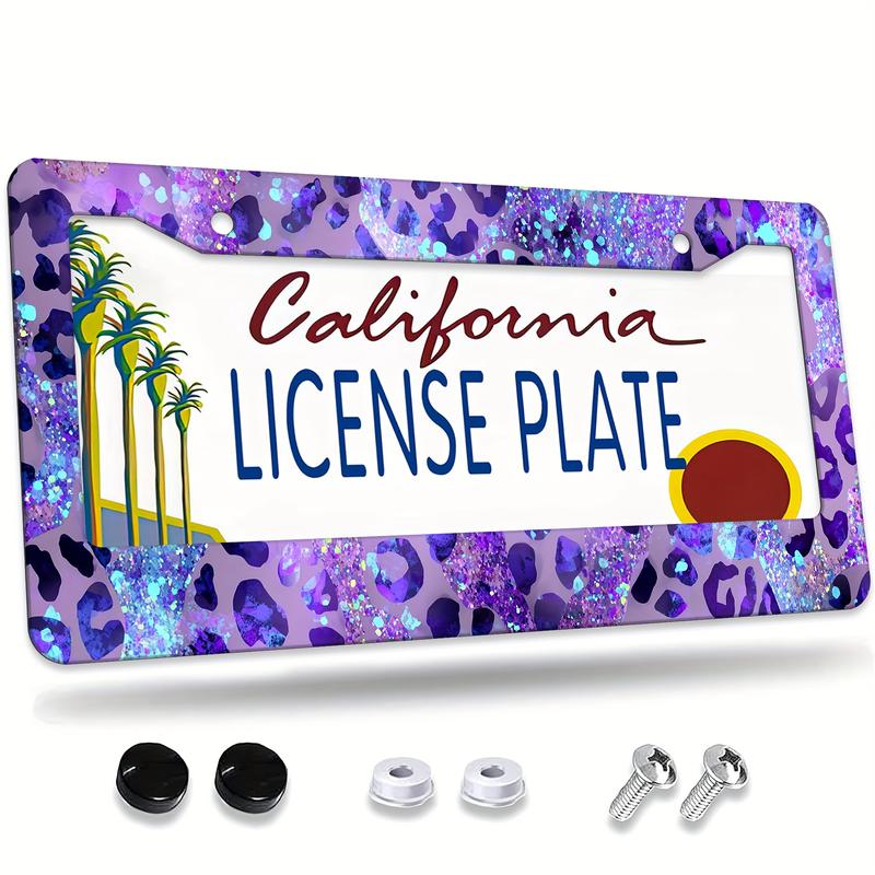 1pc Purple Leopard Print with Glitter License Plate Frame, License Plate Cover for Car Decorative Parts, Aluminum License Plate Bracket Holder Rust-Proof Rattle-Proof Weather-Proof for US Standard Car