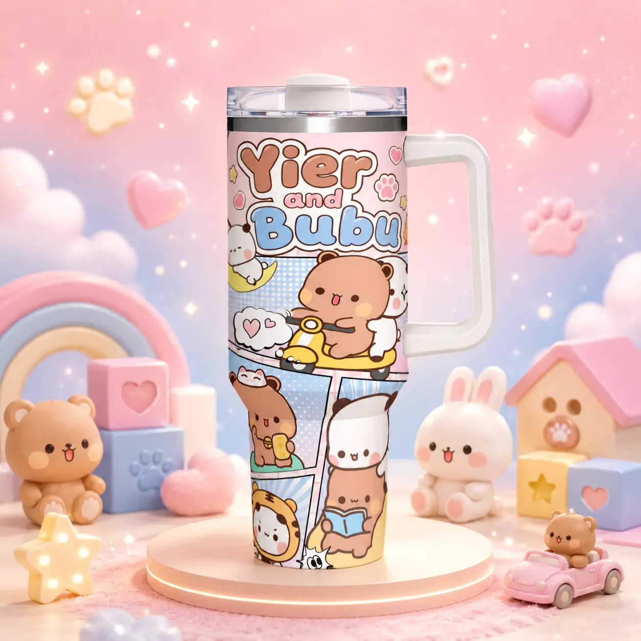 Yier and Bubu 40oz Stainless Steel Insulated Tumbler with Handle & Leakproof Lid, Viral Aesthetic Cute Anime Kawaii Travel Mug for Car & Office Use, Desk Setup Unboxing Trend Portable Drinkware