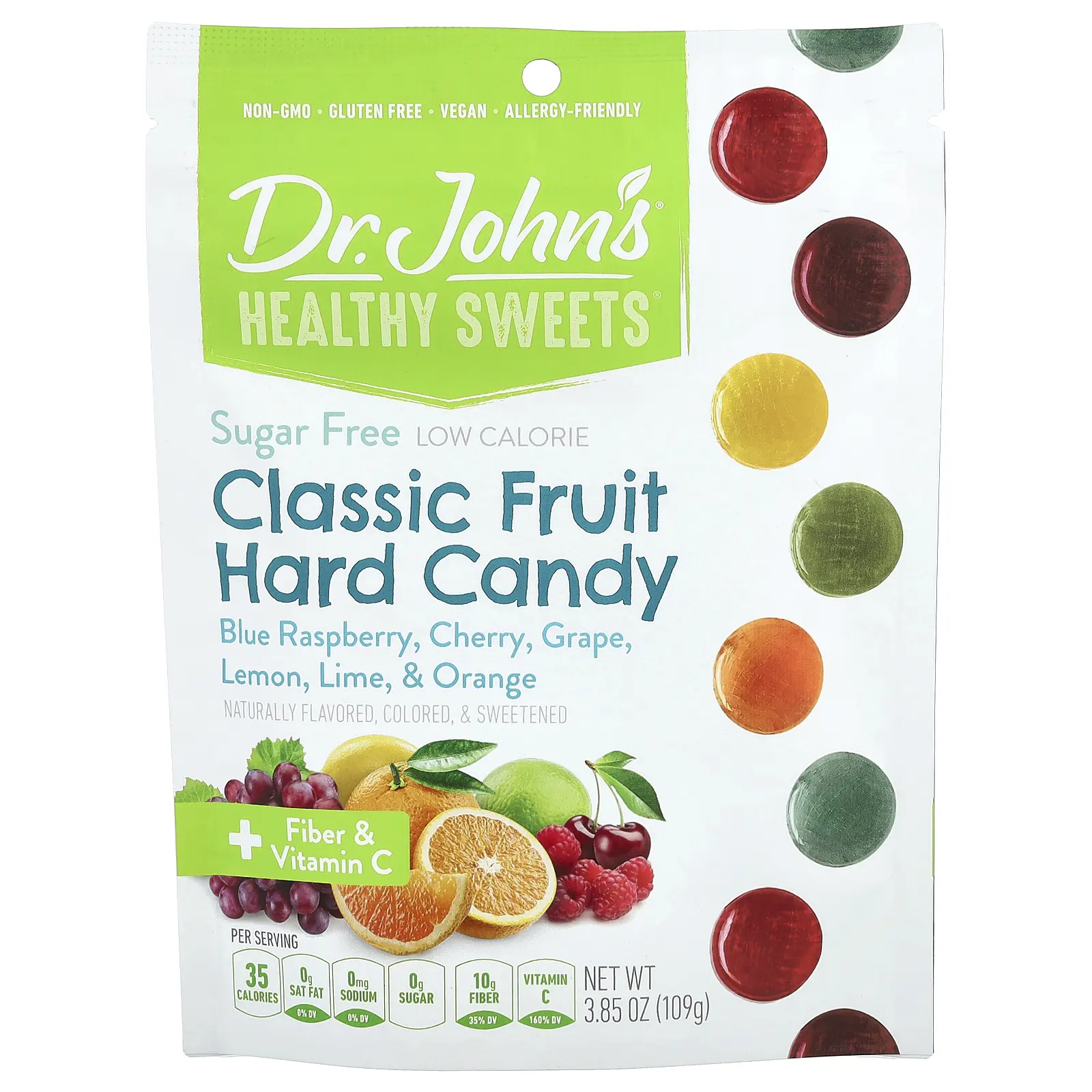 Dr. John's Healthy Sweets Classic Fruit Hard Candy, Blue Raspberry, Cherry, Grape, Lemon, Lime, & Orange, 3.85 oz (109 g)