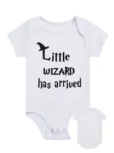 Unisex New Cotton Short-Sleeve Fitted Magic Themed Newborn Bodysuit - Infant Onesie with "Little Wizard Has Arrived" Letter Print, Wizard Hat Graphic, Easy On/Off Snap Closures