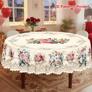 1pc, Spring Summer Themed Party Tablecloth, Picnic Table Cover, Valentine's Day Mother's Day Bow Rose Floral Printed Design, Rectangular/Round/Oval Table Cloth, Embossed Edges, Suitable For Picnic Dinner Kitchen Dining Room Decoration