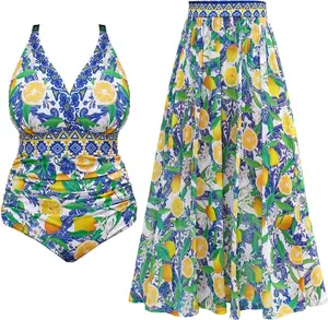 Womens Plus Size One Piece Swimsuit Tummy Control Bathing Suit Floral Prints Curvy Mesh Swim Skirt