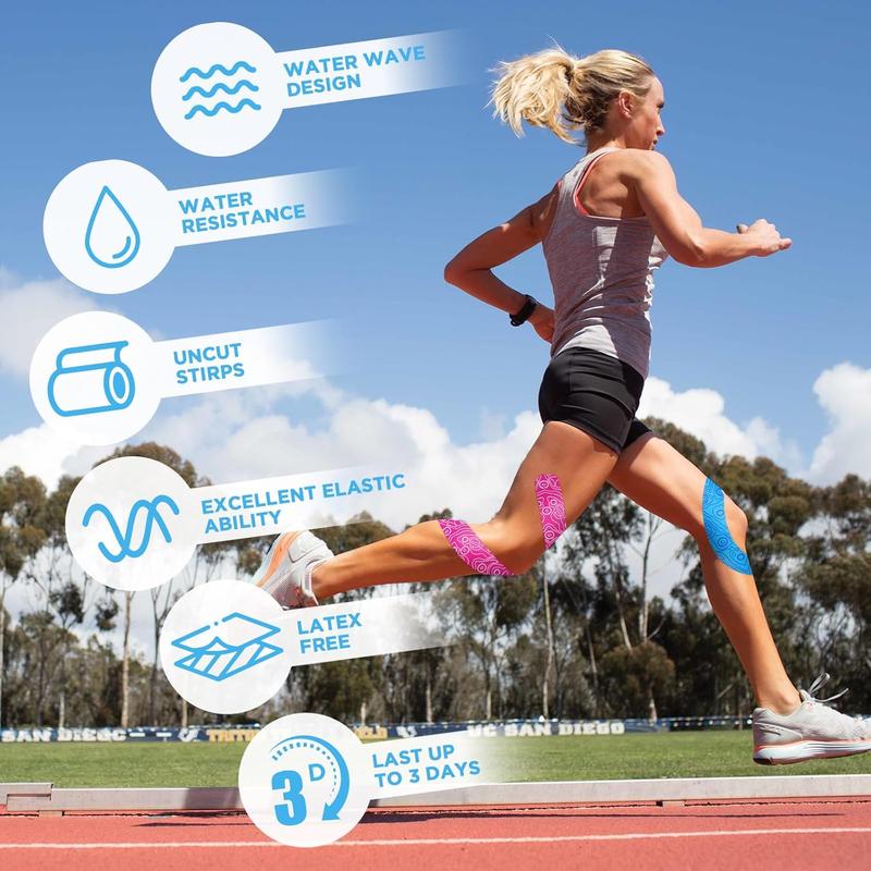 OK TAPE PRO Original Kinesiology Tape Pre-Cut Strips, Latex Free Elastic Athletic Tape Roll, 2in×16ft 2Rolls,Pink+White