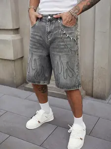 Men's denim shorts with relaxed fit bullet-free black casual street style flame rhinestone decoration, for summer