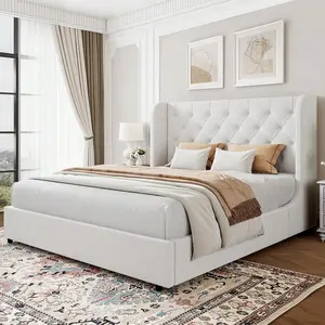 Twin/ Full/ Queen/ King Bed Frame, Upholstered Bed Frame With Wingback Headboard, Velvet  Bed Frame, No Box Spring Needed, Easy Assembly, Pink/ White/ Grey, Twin/ Full/ Queen/ King