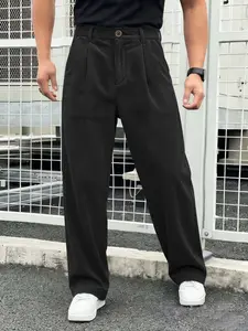 Men's Corduroy Casual Pants, Button Closure, Zipper Inset, Comfortable Soft, Lightweight Breathable, Back Pocket Design, Mid-Waist, Spring & Fall