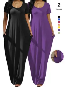 Plus Size Women's Solid Color Dress, casual wear, Sexy Round Neck Short-Sleeved Long Dress, European and American Summer New Arrival, Casual Style