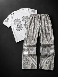 Men's 2-Piece Oversized Sporty Tracksuit - Crew Neck Short Sleeve Top, Camo Wide Leg Long Pants with 33 Number Print, Elastane, Adjustable Drawstring, Loose Fit Streetwear Casual Athletic Wear