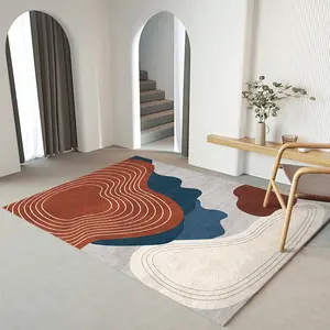 Modern Abstract Geometric Line Flannel Area Rug - Terracotta Navy Blue Print Soft Mat for Living Room & Bedroom, Non-Slip Nordic Home Decor #AbstractGeometricRug #TerracottaNavyMat #NordicHomeDecor #LineArtCarpet #NonSlipFlannelRug