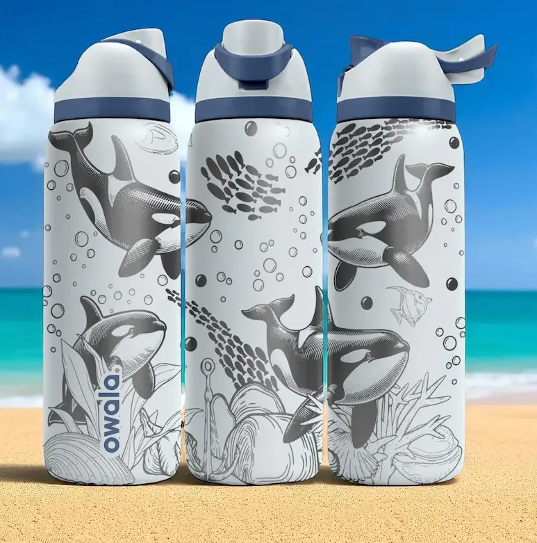 Owala FreeSip 32oz Orca Whale Engraved Water Bottle | Custom Laser Engraved Stainless Steel Insulated Bottle | Ocean Life Reusable Travel Bottle with FreeSip Lid