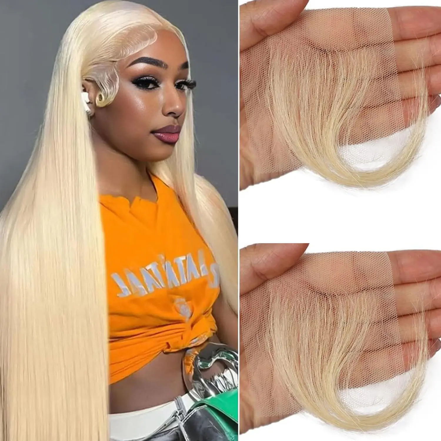 Real Human Hair Fake Edges Hair HD Lace Baby Hair Stripes, 2 Pcs I, 613 Color | Reusable, Invisible HD Lace, Handmade, Real Human Hair, Refining and Correcting Hairline Issues, 613 Blonde Color