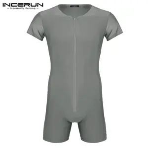 INCERUN Men Short Sleeve Zipper Jumpsuit Romper Shorts Underwear Stretch Leotard Pajamas