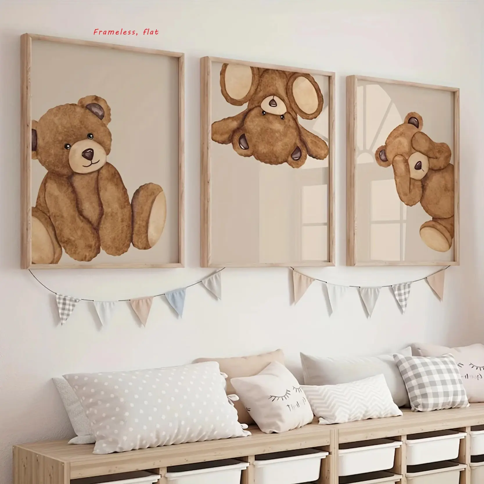3-Piece Set / Cute Bear, Cartoon Animal Canvas Art Vintage Beige Teddy Bear Wall Art Poster Modern Living Room & Bedroom Home Decor Gift Frameless Wall Decor