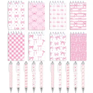 8 Pink Bow Mini Notebooks and 8 Pink Round Pens with Adorable Flower and Heart Designs, Cute Women's Sticker Notebook, School Supplies, Stationery Office Supplies, Girly Office Supplies, Party Gifts, Cute Sticky Notes, Sticky Notes