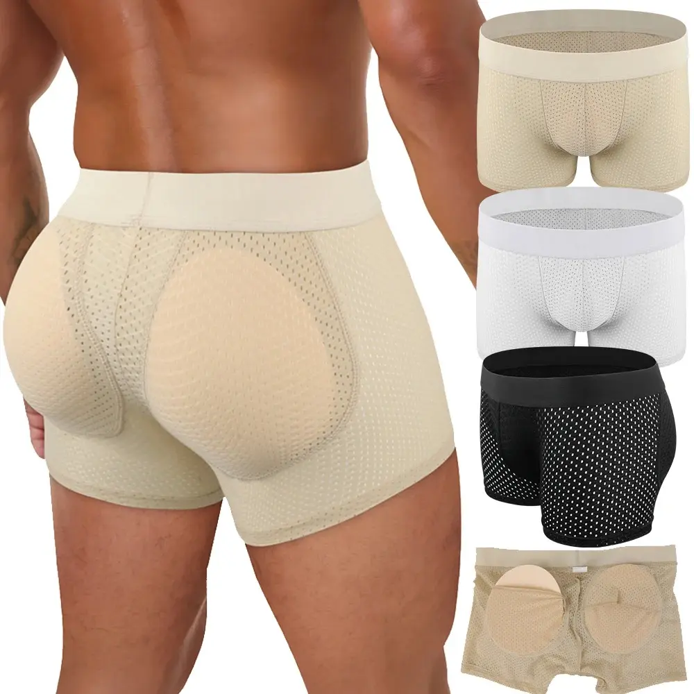 1/2/3/4 Pack Menswear Body Shaper Shapewear Underwear Breathable Butt Lift Mesh Boxer Briefs Shorts with Removable Pads Hips Enhancers Compression Boxer Style Plain Soft Beige Lingerie