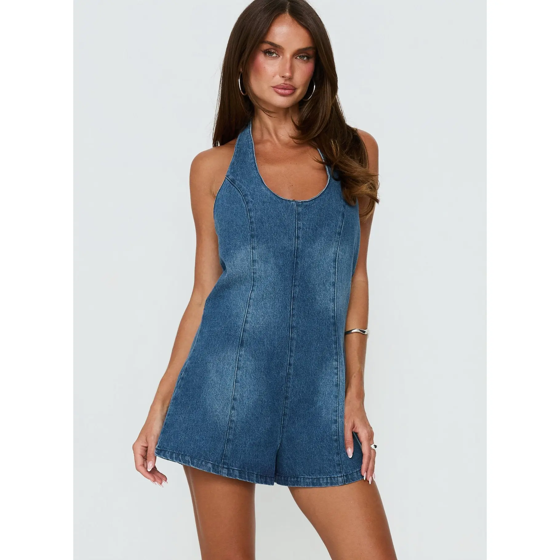 Ardenia Halter Denim Romper Mid Blue Wash