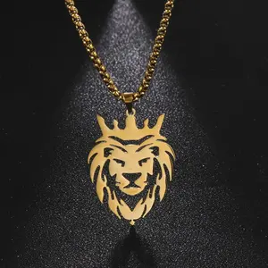 Stainless Steel My Shape Lion King Crown Pendant Necklaces for Men, Punk Animal Wolf Charm Choker Chains, Hip Hop Chain Jewelry Necklaces