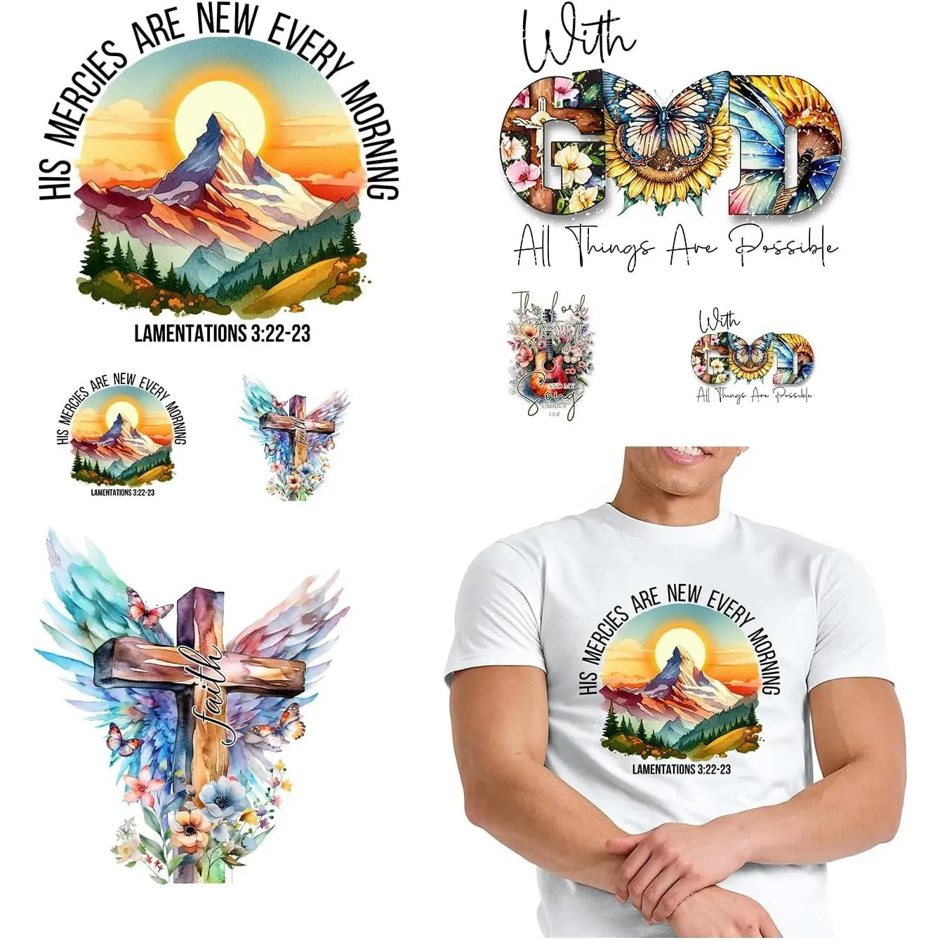 7 Sheets  Iron On Transfer HTV Patches for Clothing T-Shirt Hoodies Washable Heat Transfer Vinyl Decals DIY Cross God Sunflower Design Decoration Applique