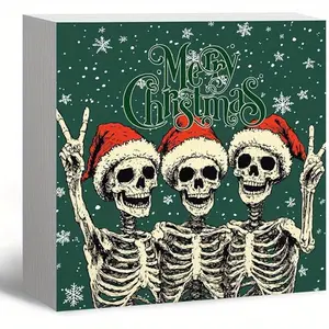 Gothic Christmas Decor, Funny Skeleton Santa Christmas Wooden Box Sign, FunnyChristmas Decorations, Santa Hat Wood Signs for Home Office Desk Shelf Table Decor, 5x5 Inch (Green)