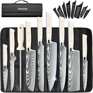 MDHAND Chef Knife Set with Roll Bag, 9PCS Professional Knife Set with Sharpener, High Carbon Stainless Steel Japanese Kitchen Knife Set - Forged Triple Rivet Handle, Dishwasher Safe, Chef Gifts, White