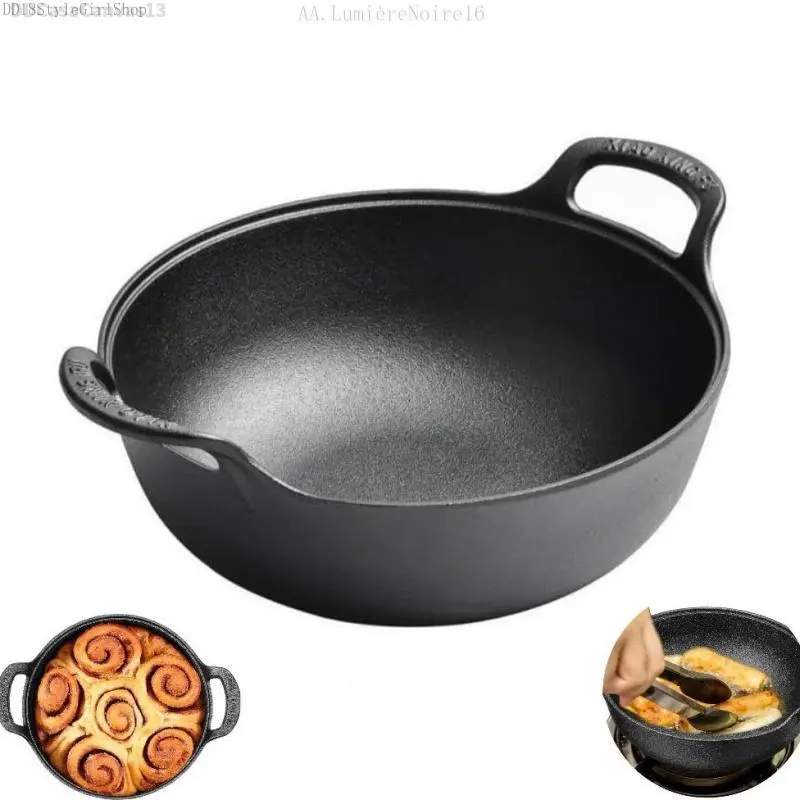 1 pc Yuanbaoguo-Style Cast Iron Wok with Handle - Heat-Retentive Solid Surface Cookware Pan, Locks Moisture & Flavor, Compatible with Multiple Heat Sources | DD18StyleGirlShop