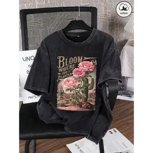 Es Trus Cotton, Summer Women's Fun Printed Hip-Hop "Desert Cactus Flower Letters" Personalized Flower Pattern Desert Printed Street , Korean Version Comfortable Retro Fashion Commuting Versatile Y2k Clothing Women's Clothing, Suitable For Outdoor Leisure