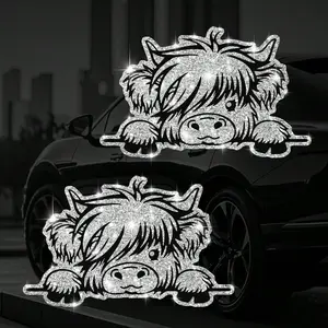 2PCS Cute Highland Cattle Stickers, Glitter Cartoon Animal Theme, Suitable for Cars, Laptops, Vinyl Stickers, Truck Car Decal, Universal Car Sticker, Ideal for Car Windows, SUVs, Motorcycles, and Trucks, Fun and Removable Bumper Stickers