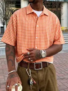 Unisex Plaid Print Short Loose Fit Collar Shirt, Y2K Street Style Short Sleeve Casual Top, Summer Beach & Back-To-School Wear