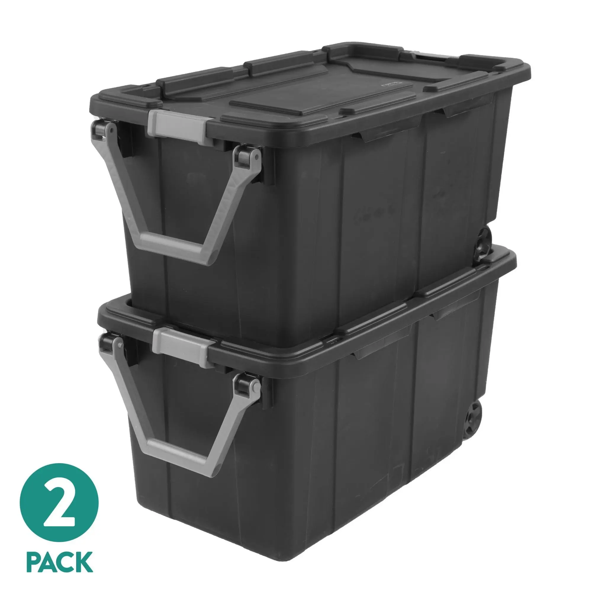 Sterilite Extra-Large Wheeled Industrial Storage Bin, 40 Gallon Durable Plastic Storage Tote with Latching Lid and Pull Handle, Dark Gray, 2 Pack