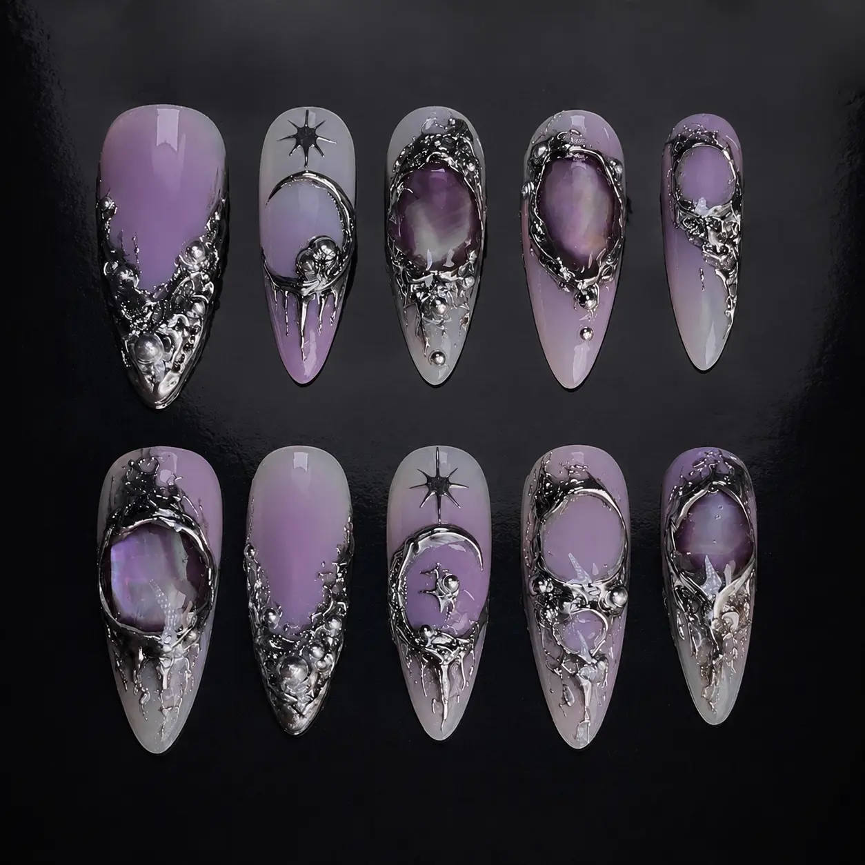 Handmade Gothic Cat Eye Press On Nails | Purple Chrome Moon & Star 3D Liquid Metal Design | Stiletto Cosmic Vibes Set