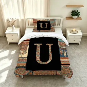 2/3Pcs Letter Printed Duvet Cover Set, Bohemian Style Polyester Bedding Set, Hidden Zipper, Machine Washable Fade Resistant, Bedroom Home Decor, No Filler Included