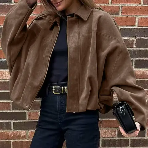 【Black Friday】Women's Solid Color Long Sleeve Aviator Jacket, Zip Up Jacket for Spring, Pilot Jacket, Street Style Outerwear #GLOBAL PICKS